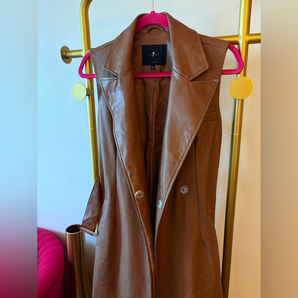 7 For All Mankind Sleeveless Faux-Leather Trench Vest/Jacket in Brown/Tan Color - Picture 8 of 13